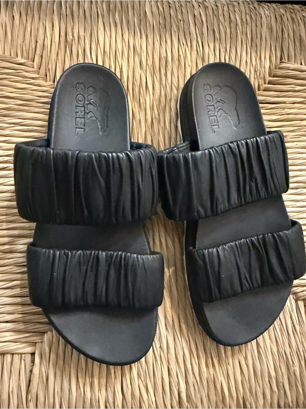 Sorel Black Ruched Double-Strap Slide Sandals